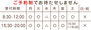 平日8:30~12:00・15:30~20:00・土曜日18時まで・日祝お休み・水曜日不定休