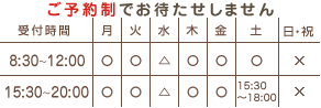 平日8:30~12:00・15:30~20:00・土曜日19時まで・日祝お休み・水曜日不定休